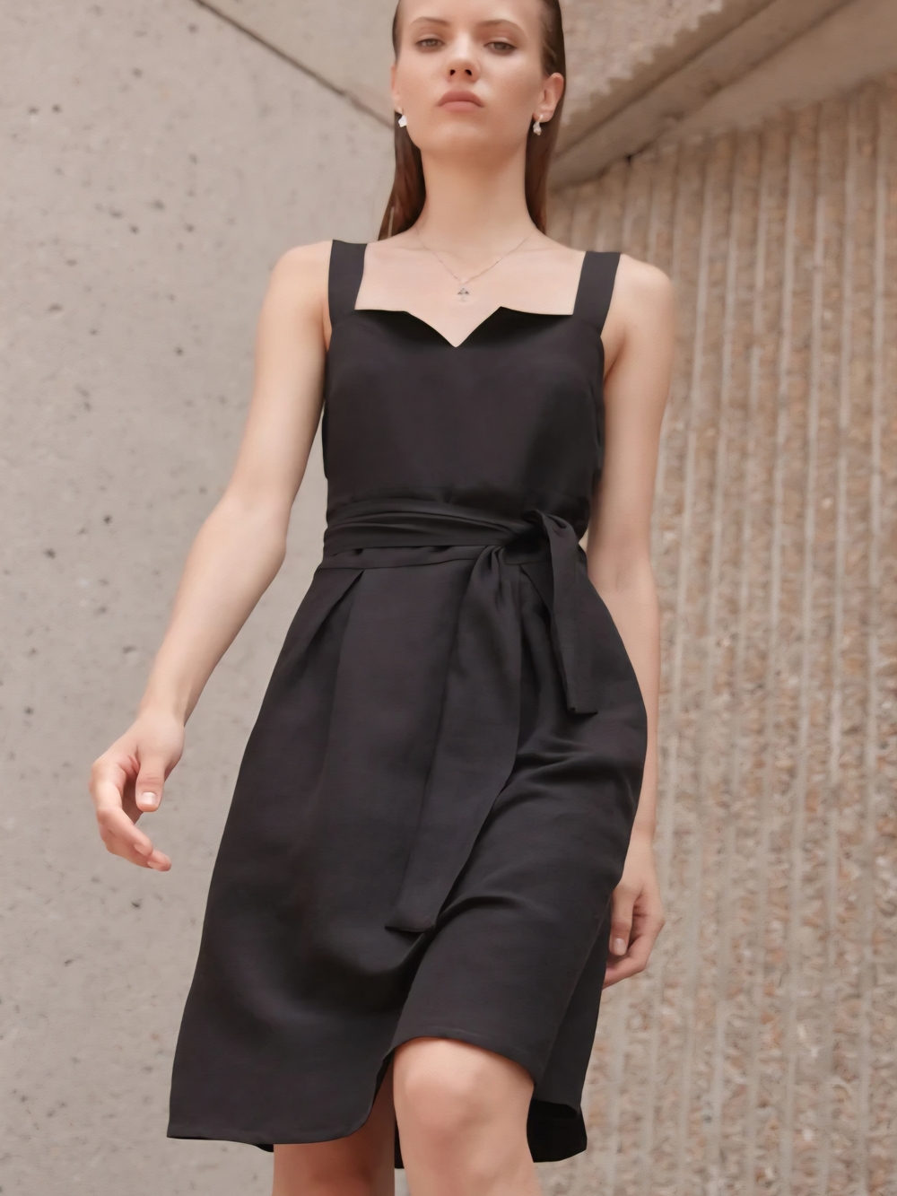 Eve Gravel Black Sleeveless Tie-Waist Dress